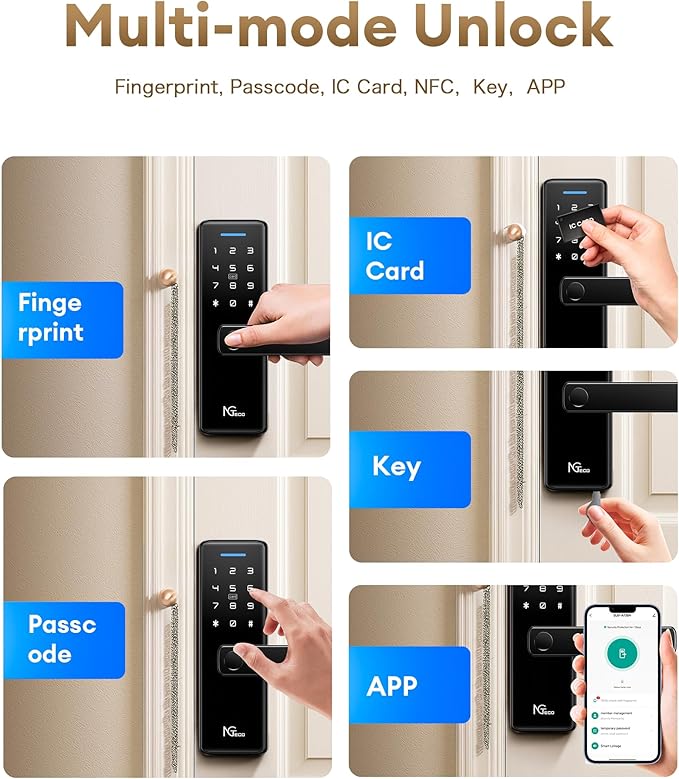 NGTeco Keypad Door Lock with Handle, Fingerprint Door Knob, Smart Lock for Front Door, Keyless-Entry Fingerprint, Electronic Deadbolt with APP