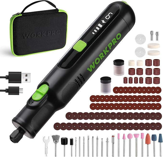 WORKPRO Cordless Rotary Tool, 8V Rotary Tool Kit with 117 Accessories, 6 Variable Speed, Type-C Charging, LED Work Light, Power Rotary Tool for Sanding, Polishing, Engraving, Drilling, Cutting, DIY