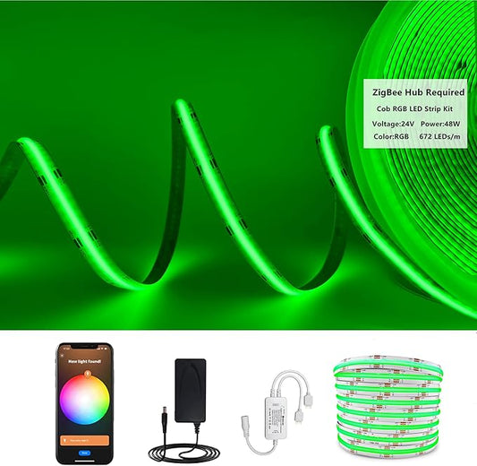 DC 24V Smart ZigBee RGB COB LED Strip Dimmable 16.4ft Kit Compatible with HUB bridge,Tuya Gateway and Echo Plus,APP/Alexa Voice control Color Changing RGB LED Lightstrips for Ambiance lighting