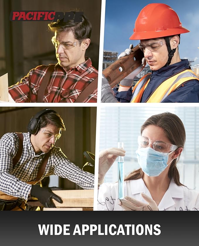 PACIFIC PPE 18 Pack Safety Glasses for Men and Women, ANSI Z87 Protective Eyewear with Scratch Resistant Clear Wraparound Lenses, Adjustable Goggles for Lab, Work and Shooting