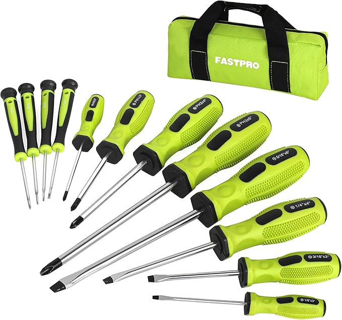FASTPRO 12-Piece Magnetic Screwdrivers Set with Slotted Phillips Screwdrivers and Precision Screwdrivers, Repair Tool Kit with Storage Bag, Green