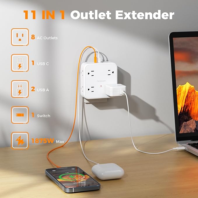 Multi Plug Outlet Extender, TESSAN Wall Surge Protector Plug Extender with 8 Sockets, Multiple Outlet Splitter with 3 USB Ports (1 USB C), Power Socket Expander with Switch for Home, Dorm, White