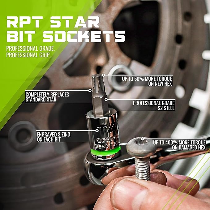 GRIPEDGE Tools | 9PC RPT Star Driver Set | Sizes T6 - T40 | 1/4'' Drive | Made With S2 Steel | Includes Premium Aluminum Socket Rail |