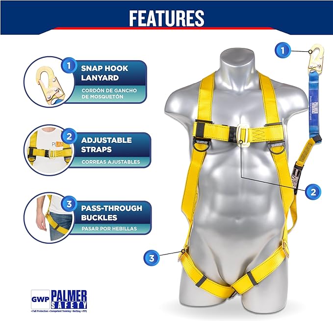 Palmer Safety Safety Harness w/Detachable 6 ft Lanyard I Single Leg Lanyard w/Internal Shock Absorbing & Snap Hook