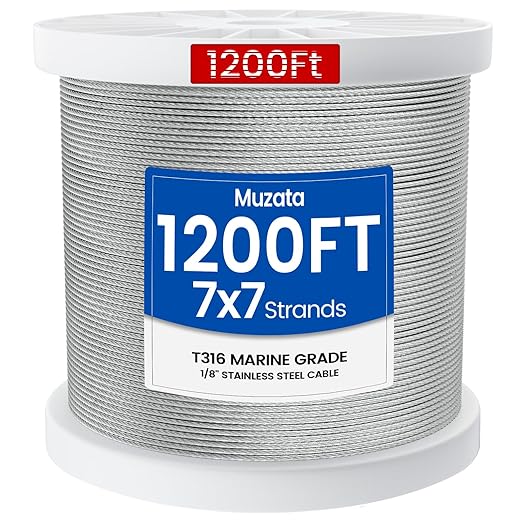 Muzata 1200 ft 1/8" Stainless Steel Cable Railing System Hardware T316 Stainless Steel Wire Rope 7x7 Strands 1800 lb Breaking Strength Deck Cable Railing Kit for Indoor Outdoor Coastal WR02
