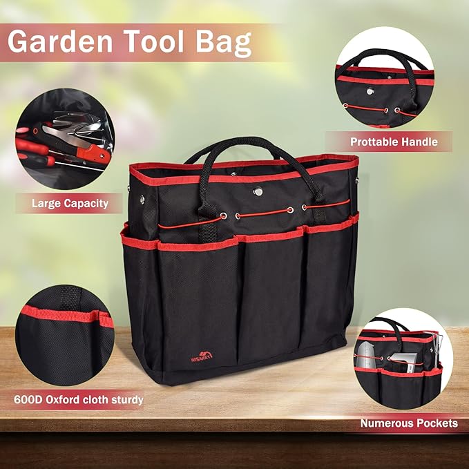 Red Gardening Tools, WisaKey 9 Piece Stainless Steel Heavy Duty Garden Tools with Non-Slip Ergonomic Handle, Garden Tote Bag, Garden kit, Gardening Gifts for Women and Men