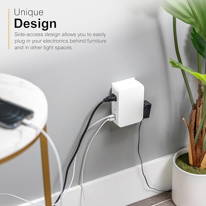 GE USB C 5 Outlet Extender, Side-Access, Wall Tap Surge Protector, Multi-Plug, USB A, 3-Prong, Secure Install, White, 83503
