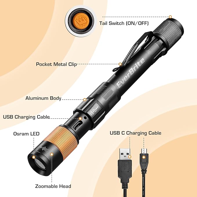 EverBrite Rechargeable Pen Light, 300 Lumens EDC Flashlight, Zoomable LED Pocket Flashlight with Clip, Memory Function and USB C Cable Included, for Camping, Emergency, Black
