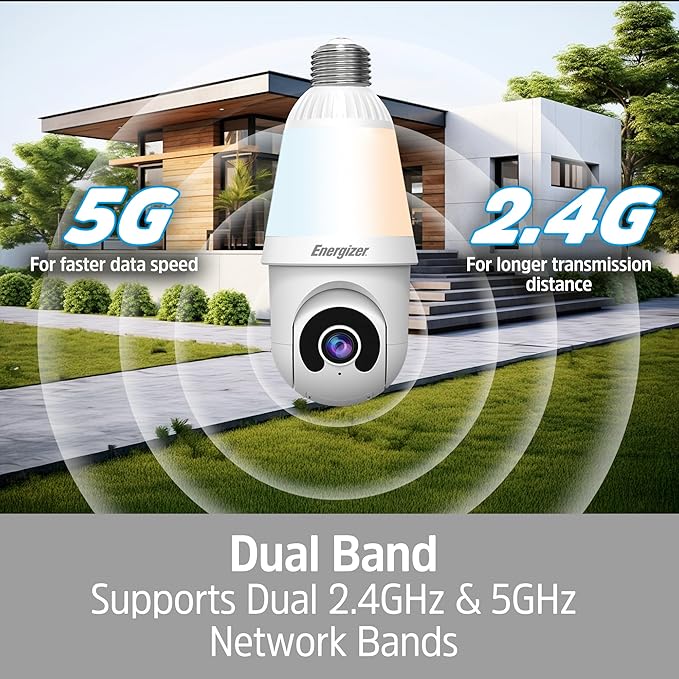 Energizer Smart 2K Light Bulb Security Camera, 1000 Lumens LED Light, 5GHz & 2.4GHz Wi-Fi Outdoor Socket Camera, Auto Tracking, Pan and Tilt, Night Vision, 2-Way Audio, Works with Google Home & Alexa