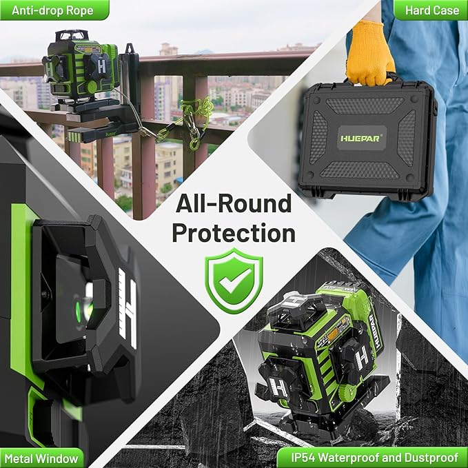 Huepar W04CG 4D Bluetooth Self Leveling Laser Level with Receiver, Up to 400ft Long Distance or Outdoor, 4x360° Green Beams for Construction, Tiling, Framing, Drop Ceiling, Floor Installation