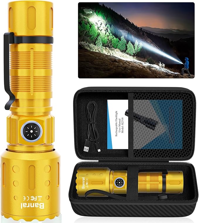 Flashlights High Lumens Rechargeable, Super Bright 1500 Meters Long Range Small Powerful Flashlight, 6 Modes LED Tactical Pocket Waterproof Flash Light for Home Emergency (1, Yellow Gold)