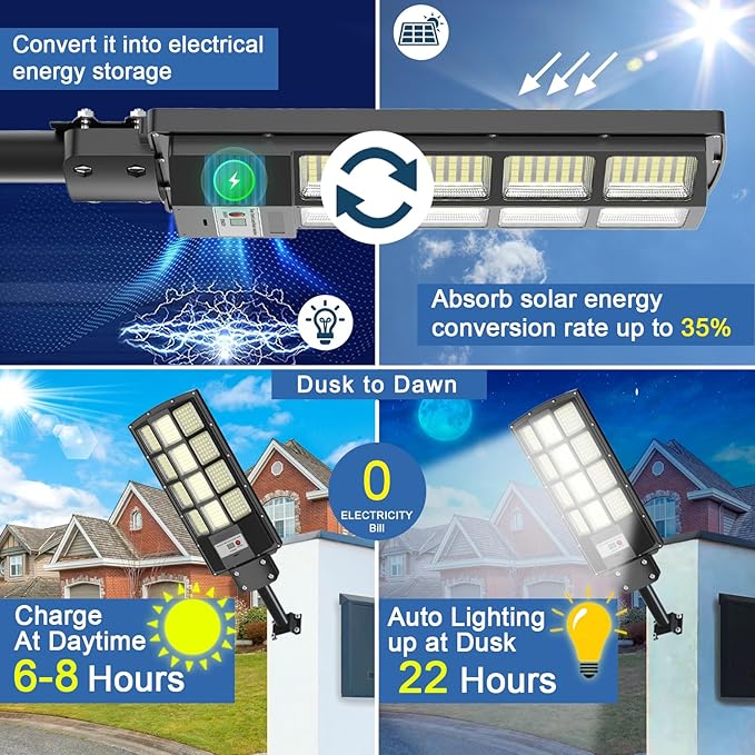 Solar Street Lights Outdoor Dusk to Dawn, 3000W Solar Flood Light Waterproof with Motion Sensor 350000LM Parking Lot Light