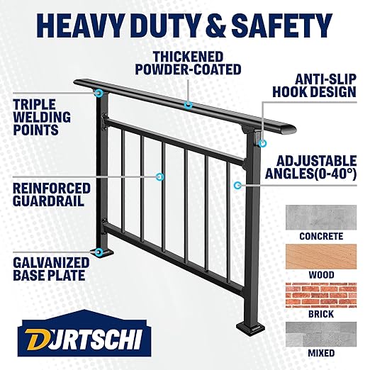 Updated Handrails for Outdoor Steps, 4-5 Steps Wrought Iron Stair Railing with Fence, Flexible Exterior Hand Railing for Concrete or Wooden Stairs, Black Transitional Handrails with Installation Kit