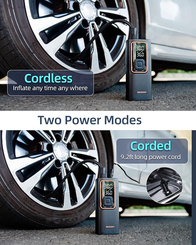 Tire Inflator Portable Air Compressor, Car Air Pump with Pressure Gauge, 150 PSI Cordless Tire Inflator Rechargeable with Display & LED for Car, Motocycle, Bikes, Balls, Swim Ring