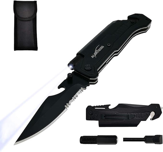 ALBATROSS 6-in-1 Survival Tactical Military Folding Pocket Knives with LED Light,Seatbelt Cutter,Glass Breaker,Magnesium Fire Starter,Bottle Opener;Multi-Function Emergency Tool(Black)