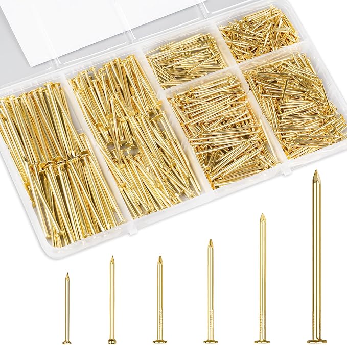KURUI Gold Picture Hanging Nails Assortment Kit, 700 Pcs Wall Hanging Set for Frame Art Photo, 6 Sizes Brass Small Framing Nails Assorted Kit