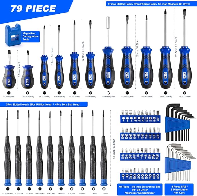 Prostormer Magnetic Screwdriver Set, 79-Piece Multi-Purpose Slotted/Phillips Screwdriver Kit with Precision Screwdrivers, Allen Wrench Set and Screwdriver Bits for DIY and Repair Works