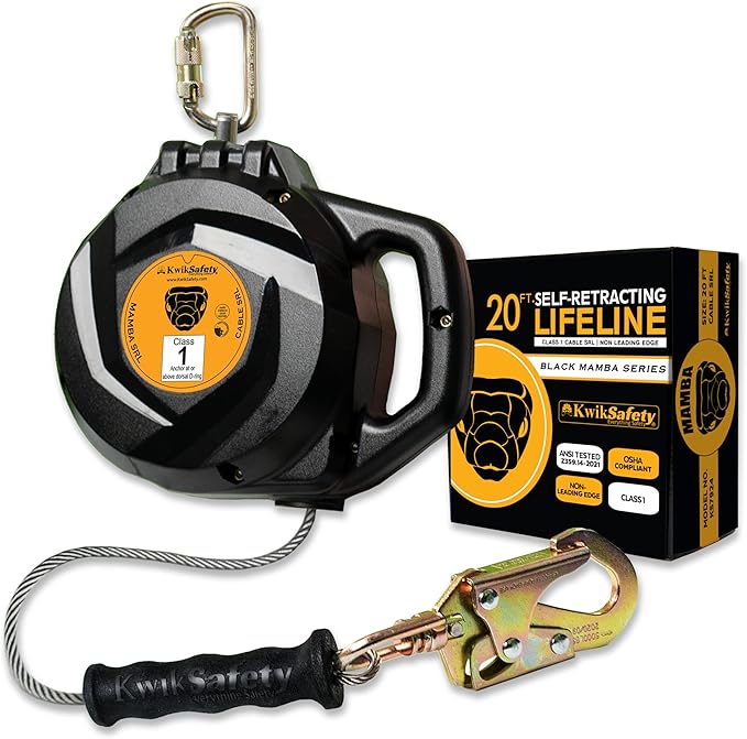KwikSafety - Charlotte, NC - Mamba 20’ Self Retracting Lifeline [Carbonate + Integrated Handle] Class 1 Cable SRL ANSI OSHA Retractable Fall Arrest Safety Roofing Construction Gear