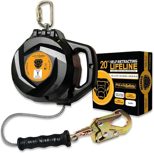 KwikSafety - Charlotte, NC - Mamba 20’ Self Retracting Lifeline [Carbonate + Integrated Handle] Class 1 Cable SRL ANSI OSHA Retractable Fall Arrest Safety Roofing Construction Gear