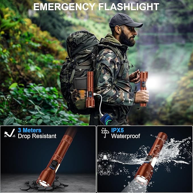 Rechargeable Magnetic Flashlights High Lumens, Super Bright LED Powerful Flashlight 8 Modes with COB Work Light, Waterproof Handheld Flash Light for Camping (2 Pack with Leather Box, Brown)