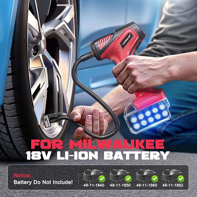 Tire Inflator Portable Air Compressor Compatible With Milwaukee 18V Battery, LIVOWALNY 150PSI Air Pump Cordless Tire Pump Digital Pressure Gauge, Tire Inflator for Car, Bike, Motorcycle (No Battery)