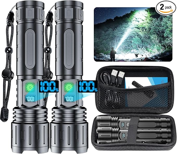 Tactical Rechargeable Flashlights 2000 High Lumens - 20H Runtime, Long Beam Super Bright LED Pocket Flash light IPX5 Waterproof for Camping, 5 Modes, Zoomable, Compact Flashlight for Camping, 2pcs