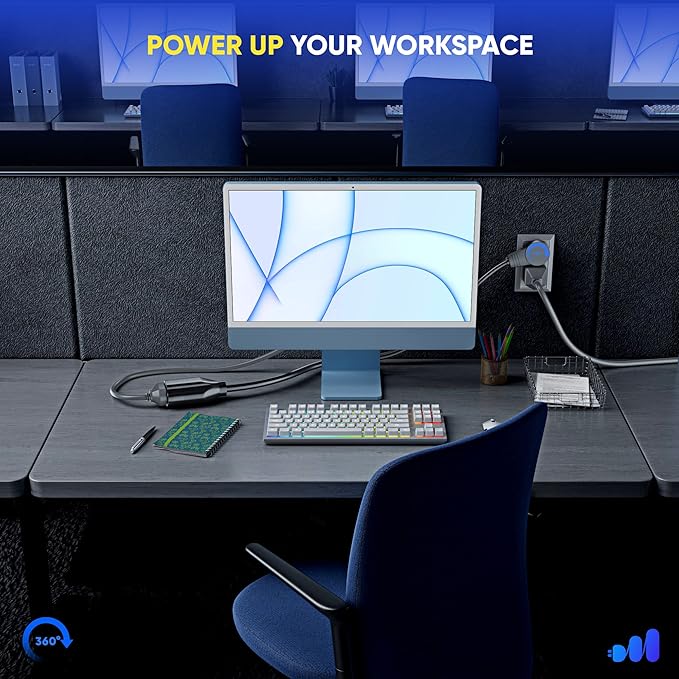 Maximm Cable 1 Foot 360° Rotating Flat Plug Extension Cord/Wire, 3 Prong Grounded Wire 16 Awg Power Cord - Black - UL Certified