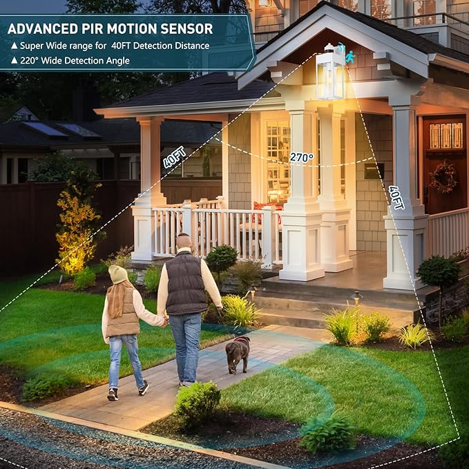 Motion Sensor Outdoor Wall Lanterns 2 Packs, Dusk to Dawn Exterior Light Fixture, 3 Lighting Modes, Waterproof Front Porch Lights for Garage Patio Garden House Entryway, White.