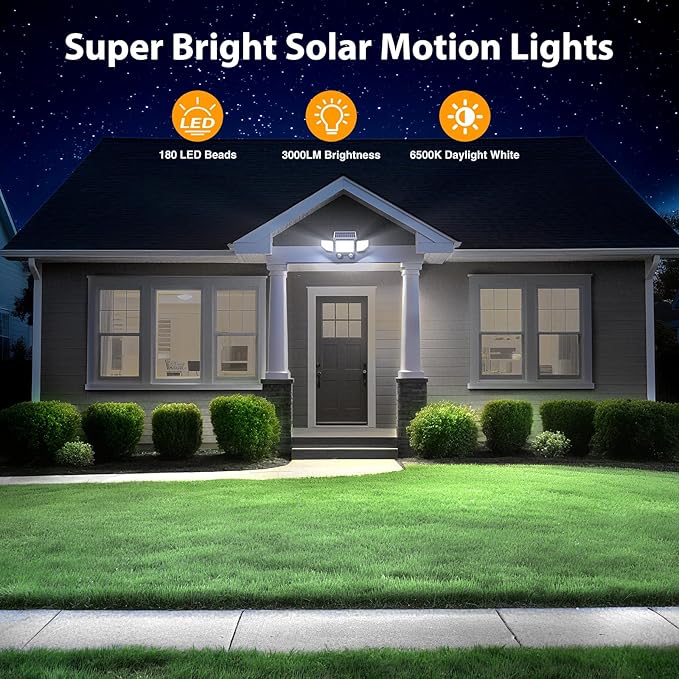 Onforu Solar Lights Outdoor, 3000LM Motion Sensor Security Flood Lights with Remote Control, 3 Modes, IP65 Waterproof Solar Powered for Yard, Pathway, Garden, Pool, Garage, 4 Pack