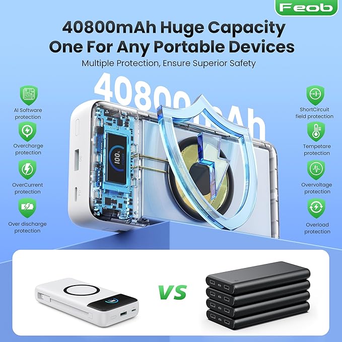 Wireless Portable Charger 40800mAh with Built-in Cables, 15W Wireless Charging USB C Power Bank, 25W PD QC 4.0 5 Outputs TFT LCD Display Battery Pack for iPhone 16/15/14/13/12, Samsung, Android etc