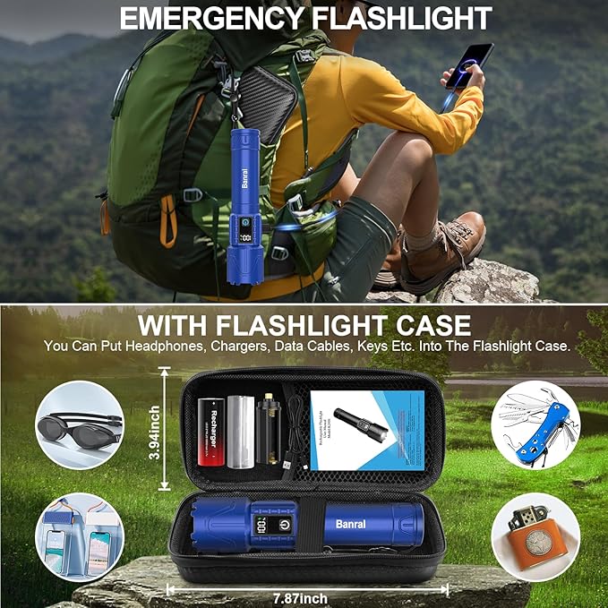 Rechargeable Flashlights High Lumens - Super Bright LED Tactical Flash Light, Powerful Waterproof Handheld USB C Flashlight for Camping,Emergencies,Home,5 Modes,Zoomable (1, Blue)