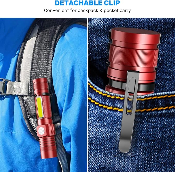 Rechargeable LED Flashlights, Magnetic Flashlight Tactical Super Bright with SideLight,USB Rechargeable,Zoomable,Waterproof Best Small Flash Light for Camping, Emergency Red