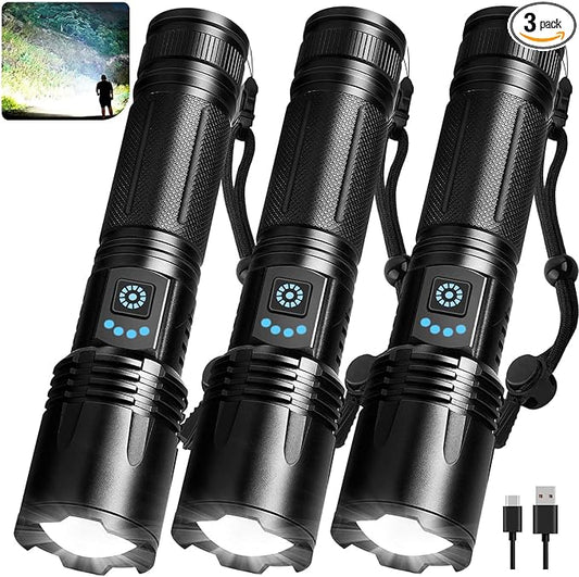 3 Pack Rechargeable Flashlights High Lumens, 99,000 Lumens Super Bright LED Flashlight for Home Camping, Handheld Flash Light Waterproof Flashlight with 5 Modes & Adjustable Function