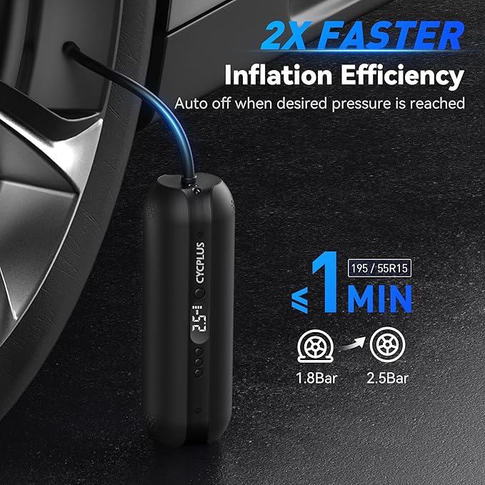 CYCPLUS Tire Inflator Portable Air Compressor - 150PSI Cordless Air Pump with Digital Tire Pressure Gauge, Accurate LCD Display & LED Light, DC/AC 2-in-1 for Car/Motorcycle/E-Bike/Ball(2025 Version)