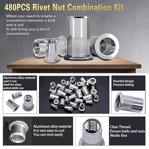 Rivet Nut Combination Kit 480PCS, Embedded Rivet Nuts, Rivet Nut Sorting Tool, M10 M8 M6 M5 M4 M3, for Automotive, Home Decoration and Industrial Applications