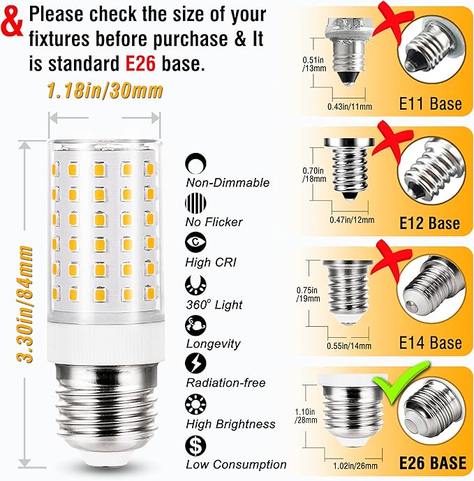 ALIDE E26 100 Watt Equivalent LED Candelabra Corn Bulbs,2700K Warm White,E26 E27 12W LED Light Bulbs 1200LM for Ceil Fan Chandelier Pendant Lighting,Non-dimmable,4 Pack