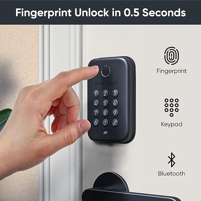 Wyze Auto-Lock Bolt, Fingerprint Unlock with Keypad, Electronic Digital Entry Door Smart Deadbolt Lock, IPX5 Weatherproof, Easy Installation, Matte Black