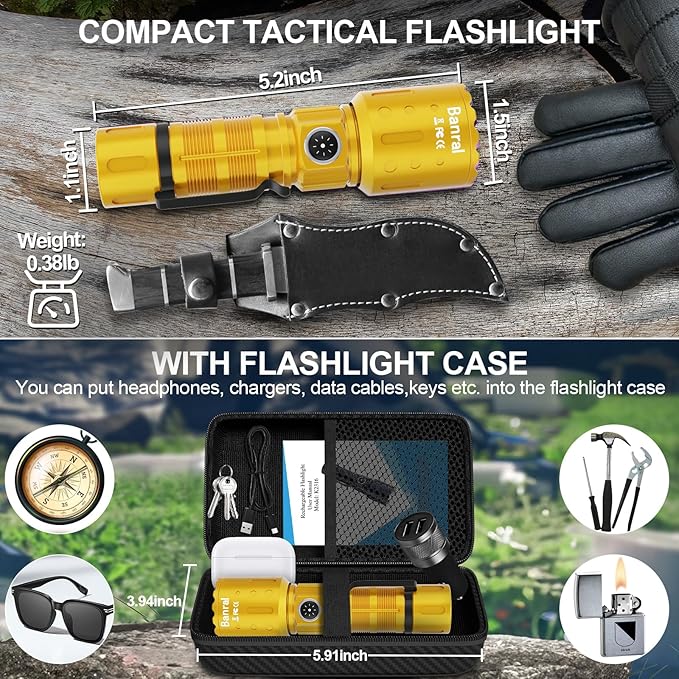 Flashlights High Lumens Rechargeable, Super Bright 1500 Meters Long Range Small Powerful Flashlight, 6 Modes LED Tactical Pocket Waterproof Flash Light for Home Emergency (1, Yellow Gold)