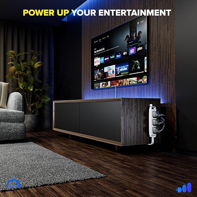 Maximm 10 Ft Black 360° Rotating Flat Plug Extension Cord with 3 Outlets on One Side, Versatile Long Reach for Home & Office Use UL-Listed