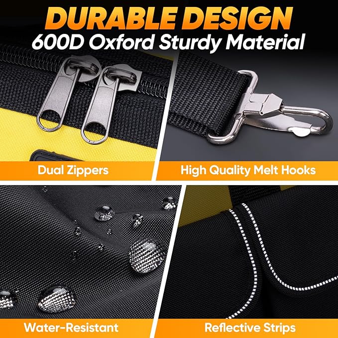 TICONN Heavy Duty Tool Bag with Multi-Pockets, Portable Tool Box Organizer Storage Bag, with Adjustable Shoulder Strap and Ergonomic Handle (Yellow, 16" Molded Base)