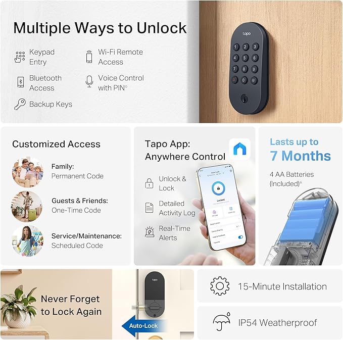 Tapo Smart Wi-Fi Deadbolt Door Lock – Keyless Tactile Buttons, Customized Access with in-App Monitoring, Auto-Lock, IP54 Weatherproof, BHMA Grade 3, Compatible with Standard Door Sizes, Tapo DL100