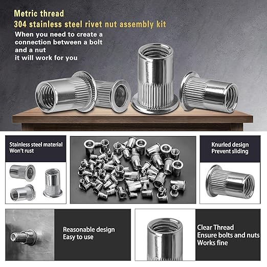 Stainless Steel Rivet Nut Tool Kit 750 Pcs 304 Stainless Steel Rivet Nut Combination, Suitable for Furniture, Decoration, Automotive, Marine and Industrial Applications