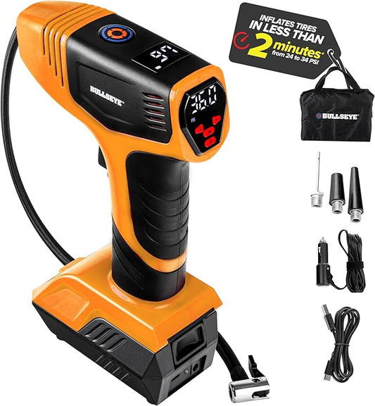 EMSON Bullseye Pro ASON TV Digital Tire Inflator Automatic 150 PSI w/Gauge Display Screen & Pre-set Pressure in KPA,PSI,BAR,Kg/cm,Built-in LED Lights,Rechargeable,Air Compressor,Car Tire Pump,Orange