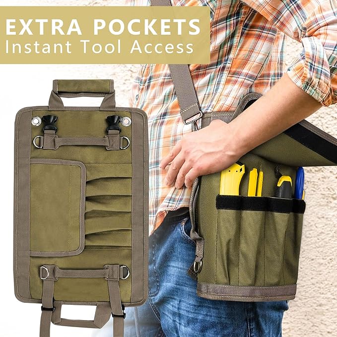 Roll Up Tool Bag Organizer, Tool Bags for Men, Tool Roll Bag with 2 Detachable Zipper Pouches, Heavy Duty Tool Bag for Dad Birthday, Father’s Day Gifts, Handyman or RV Owners (Khaki)