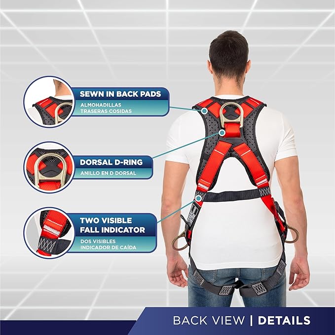 Palmer Safety Full Body Harness with 5 Point Adjustment, Dorsal D-ring, Grommet Legs, Two Side D Rings, and Fall Indicators