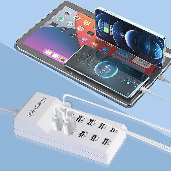 White 10-Port USB Charging Station for Phones, Tablets, Smartphones and Watch - 10 USB-A Ports