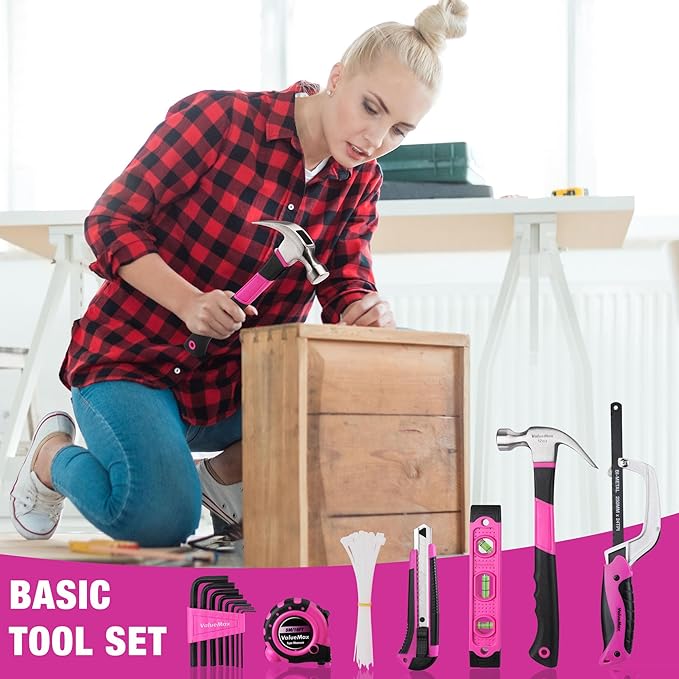 ValueMax Pink Tool Kit, 218-Pieces Home Repairing Tool Set, Household Tool Kit with Wide Mouth Open Storage Bag, Household Hand Tool Set for DIY, Gifts and Basic Home Maintenance