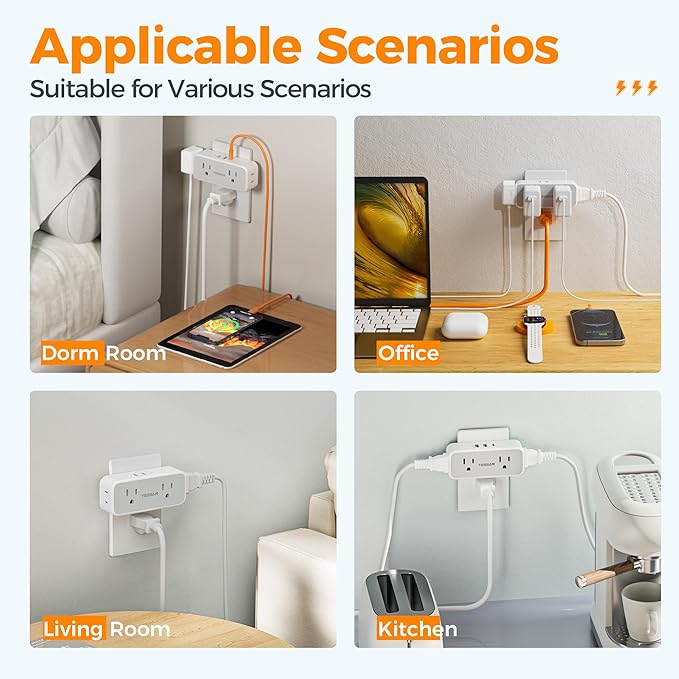 Surge Protector Outlet Extender, TESSAN Multi Plug Splitter with 4 Electrical Outlets 3 USB Ports(1 USB C), Multiple Plug Mini Wall Expander for Home Bathroom Office Dorm Room Essentials