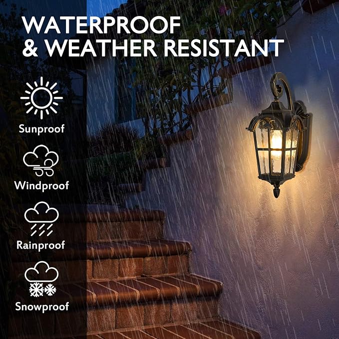 Emliviar Outdoor Light Fixtures Wall Mount - Vintage Large Exterior Light Fixture for Porch 17.5 Inch, Black Finish with Water Glass Shade, WE215B BG