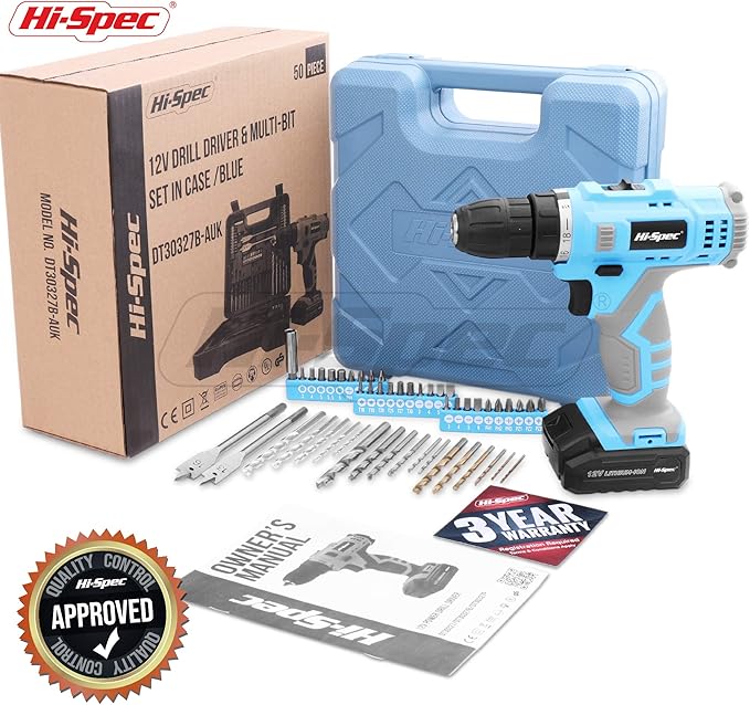 Hi-Spec Cordless Drill Set 50pc 12V Electric Power Driver in a Toolbox Case. Includes Rechargeable Battery, Power Screwdriver Bits, Wood, Metal, and Masonry Drill Bit Set Accessories